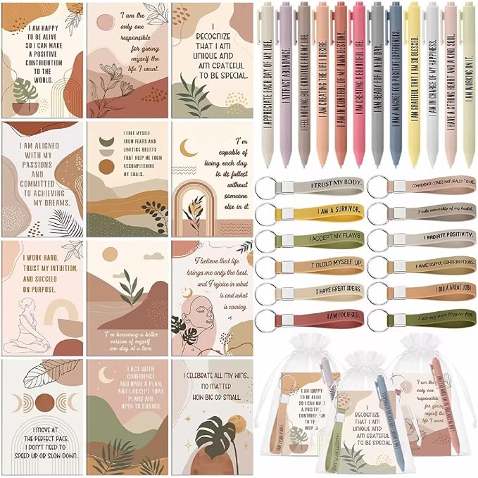 Mooliwe 12 Set Positive Affirmation Gift Set Gratitude Notebooks with Pens Keychains Small Bags Motivational Party Favors for Adult Women Coworkers Employee Group (Groovy)
