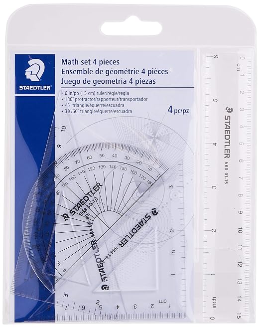 STAEDTLER Math Set - 4 pc Geometry Kit for Students - School Supplies with Clear Protractor, 6in Ruler & 2 Triangles – Metric & Imperial Scales