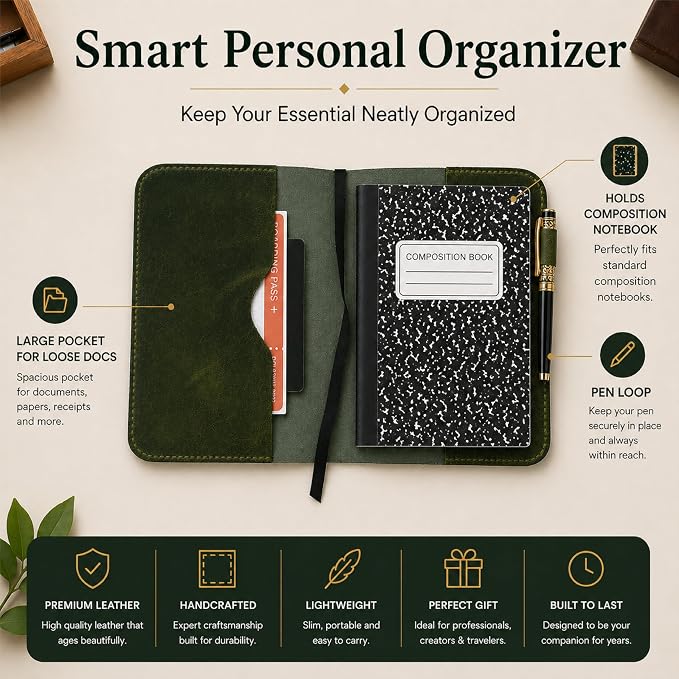 Green Leather Journal Cover XL – Handmade Refillable Notebook Holder with Pen Loop, B5 Writing Organizer for Office, Travel & Professional Use 7.5 x 9.5