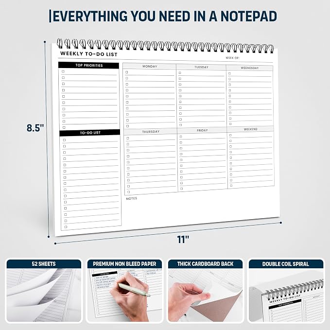 Of a Happy Kind Weekly To Do List Spiral Planner Pad - 8.5x11 52 Sheets - Desk Notepad with Multiple Sections - Undated Planning Notebook Checklist, Todo Agenda Plan