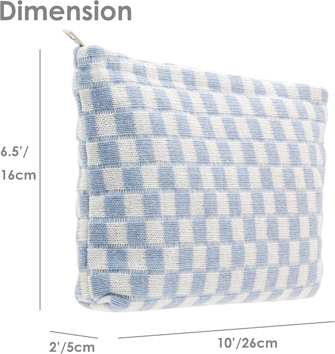 PAZIMIIK Checkered Makeup Bag for Purse, Small Flat Cosmetic Pouch,Blue | Cute Zipper Makeup Organizer for Women, Travel Essentials, Toiletries, Makeup Brushes, Beauty Accessories&Bridesmaid Gifts