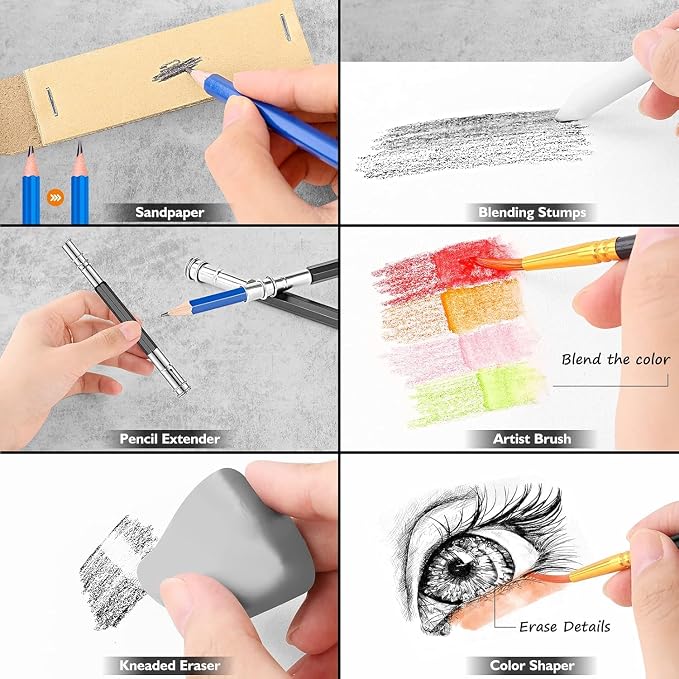 Caliart 176PCS Art Supplies Sketching Kit, 100 Sheets 3-Color Sketch Book | Graphite Colored Charcoal Watercolor & Metallic Pencils, Drawing Supplies Set Gifts for Artists Adults Beginners