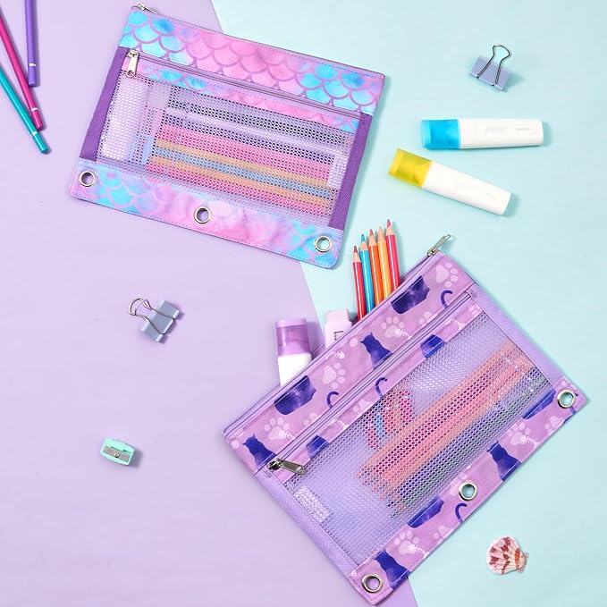 WAWSAM Cat Pencil Pouch for 3 Ring Binder, Zipper Pencil Pouches for Girls | 2 Pocket Clear Window Pencil Case, 3 Ring Pencil Pouch for School Supplies, Pencil Bags for Office College