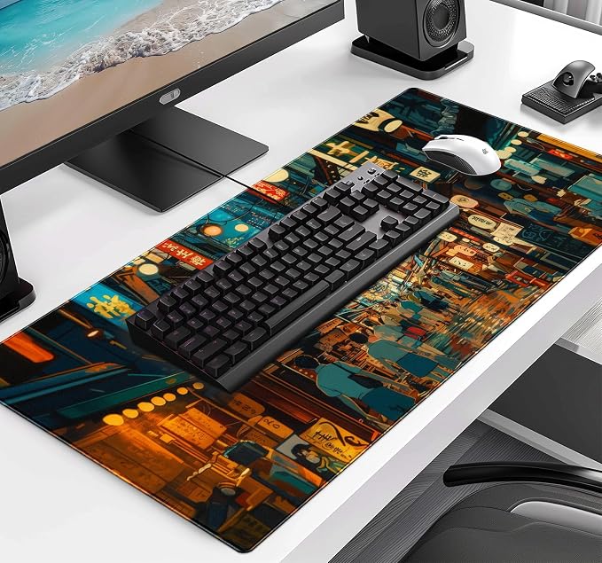 Cute Japanese Street Keyboard Desk Mat, Tokyo Night View Computer Mouse Mat | Large Extended Mouse Pad; Full Desk Coverage; Waterproof Coating; Stable Anti-Slide Base For Gaming, Office, Study Daily Use