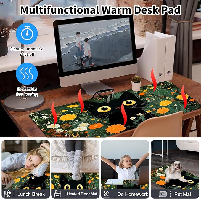 Warm Desk Pad,Heated Desk Pad,Office Mat,3 Heating Levels & 3 Hours Auto Shut-Off,31.5"*13" Gaming Mouse Laptop Keyboard Leather Desk Mat,Cute Cat Floral