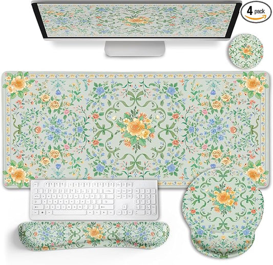 LIMKRIAN Floral Desk Mat Set, Cute Green Mouse Pad with Gel Wrist Rest | Ergonomic Shape Design, XXL Large Desk Pad Stitched Edges, Keyboard Wrist Support, Coaster, Desk Accessories Decor for Women