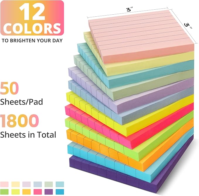 Lined Sticky Notes, 3x3 Inches, 36 pad, Self-Stick Note Pads for Office, Study & Daily Organization, Ideal for Notes and Reminders - Bright