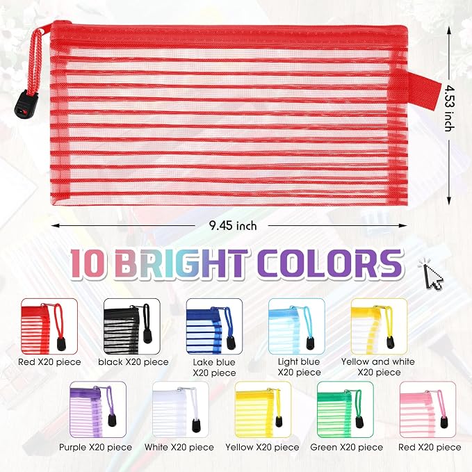 Zhehao 200 Pieces A6 Mesh Zipper Pouch Bulk Mesh Bags with Zipper Waterproof Small Pencil Pouches for Office Supplies Organization 9.4 x 4.5 Inches(Bright Colors)