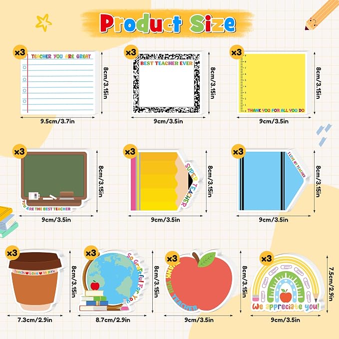 Xqumoi 30 Pack Teacher Appreciation Sticky Notes School Office Supplies | Teacher Self-Adhesive Writing Memo Pad, Page Marker Notepads, Blackboard Apple Pencil Shaped, Back to School Gift, Classroom