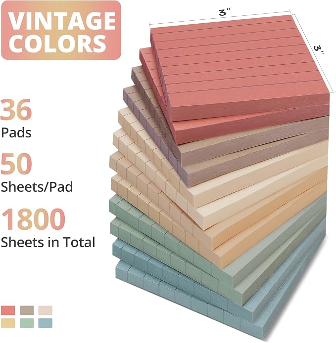 Lined Sticky Notes, 3x3 Inches, 36 pad, Self-Stick Note Pads for Office, Study & Daily Organization, Ideal for Notes and Reminders - Vintage