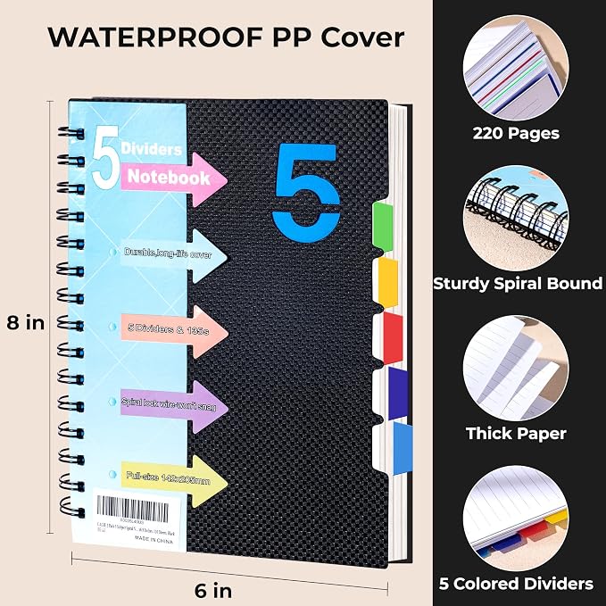 CAGIE 5 Subject Notebook, Small Spiral Notebook with Tabs | 6.1'' x 8.2'', A5 Spiral Notebooks College Ruled for Women, 240 Pages Note book for School Note Taking, Black