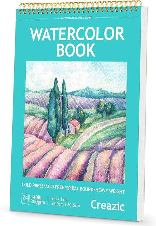 9"x12" Watercolor Paper Pad, Spiral Bound with Tear Line, 24 Sheets (140lb/300g): Art and School Supplies- Water Color Paper for Adults Kids-Watercolors, Watercolor Sketches, and Art Journals