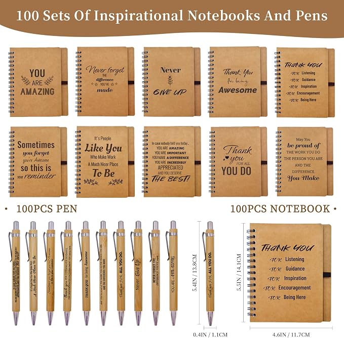 200 Pcs Employee Appreciation Gifts Bulk -100 Sets of Inspirational Notebooks with Motivational Pens, Small Notepads for Coworkers, Office Staff, Team, Volunteer, Group, Teachers, Thank You Gifts