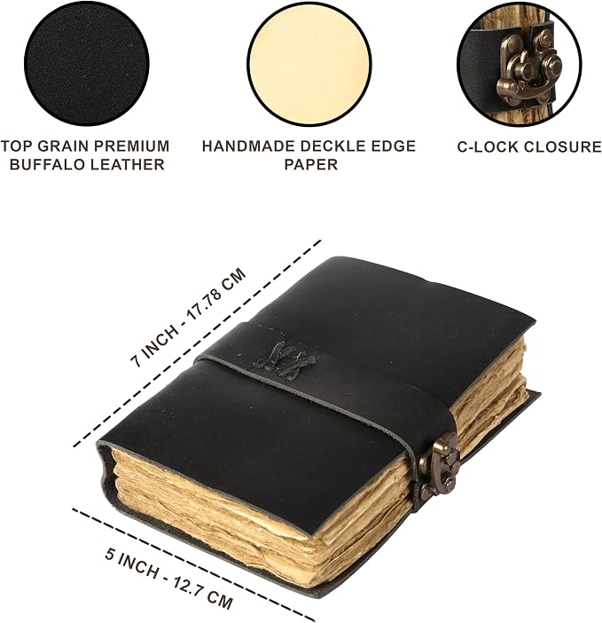 Vintage Leather Journal Handmade Buffalo Deckle Edge Paper – Leather Bound Journal for Women Men Vintage C-Lock Closure Ideal for Writing & Travel for Artists