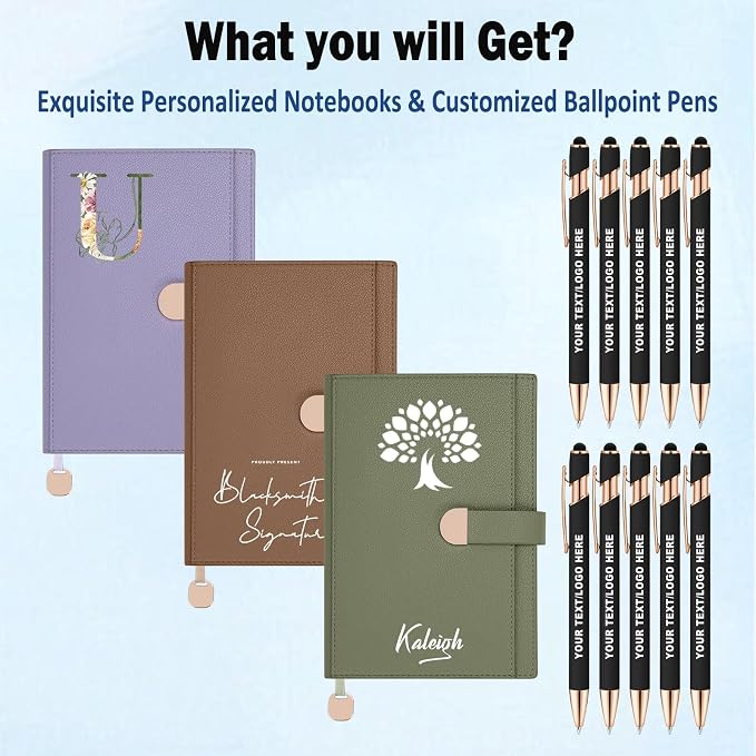A5 ENOMY Personalized Notebook Set with 10PC Pens Custom Journal with Pocket Lined Custom Notebook for Writing Men Women Ideal Mom Sister Gift, Purple