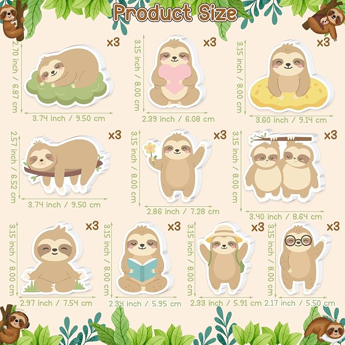 Xqumoi 30 Pack Sloth Sticky Notes - Cute Cartoon Sloths Self Sticky Notepads Jungle Animal Writing Memo Pads for Animal Lover Gifts Birthday Baby Shower Classroom Jungle Party Favors