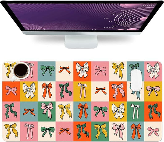 Cute Bows Large Mouse Pad, Desk Matt for Desktop, PU Leather Waterproof Desk Pad, Computer PC Laptop Protector Gaming Mouse Pads for Women Office Decor (27.5" x 13.8")