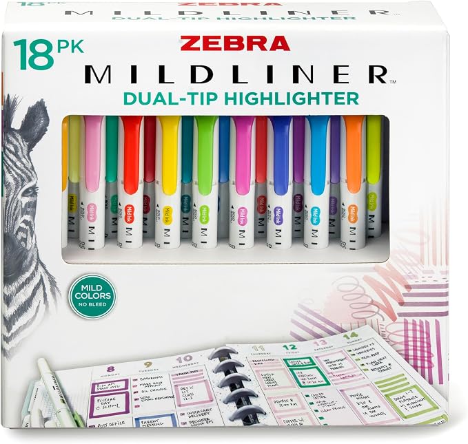 Zebra Pen Mildliner Double-Ended Highlighter Marker Set, Broad and Fine Point Tips, No Bleed, Ideal for Bible Highlighting Journaling, School and Office Supplies, 18 Assorted Colors, Pack of 18