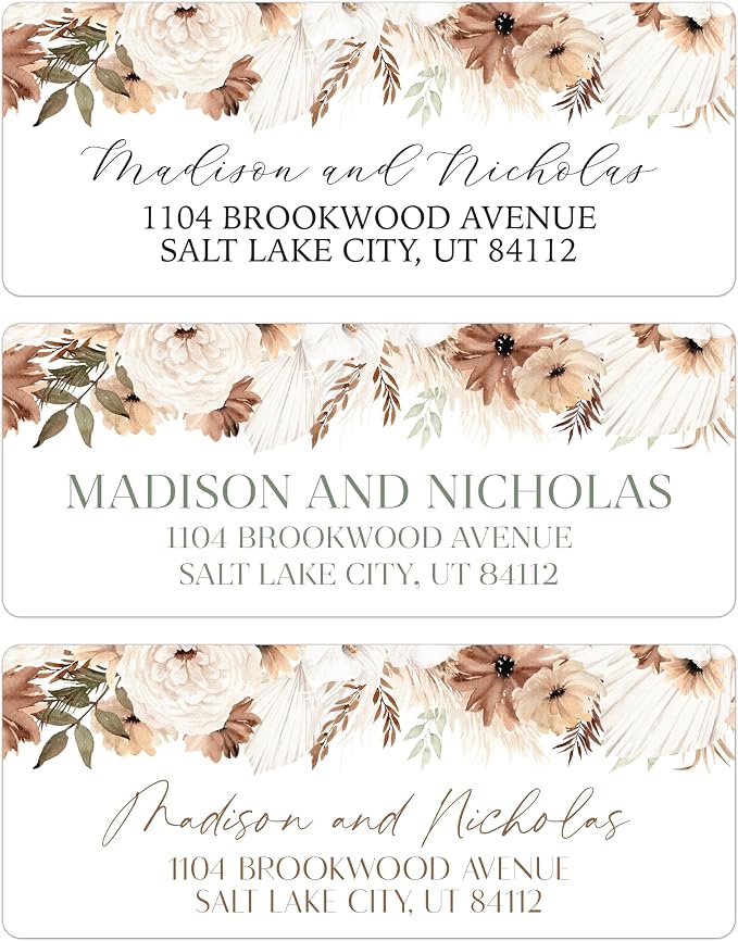 Return Address Labels Personalized with Your Choice of 30 Flower Styles - Choose Font and Font Color or Add Custom Text - Perfect for Wedding Envelopes (030 Neutral Boho Flowers)