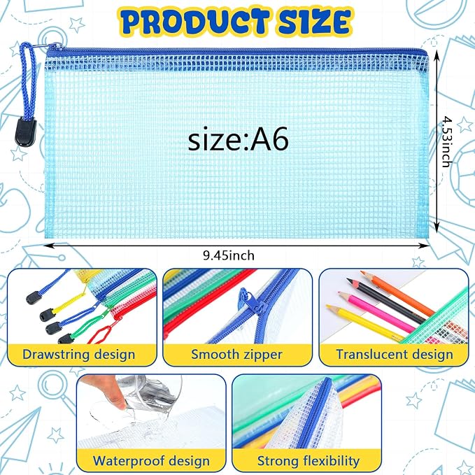 Zhehao 200 Pieces A6 Mesh Zipper Pouch Bulk Mesh Bags with Zipper Waterproof Small Pencil Pouches for Office Supplies Organization 9.4 x 4.5 Inches(Mixed Colors)
