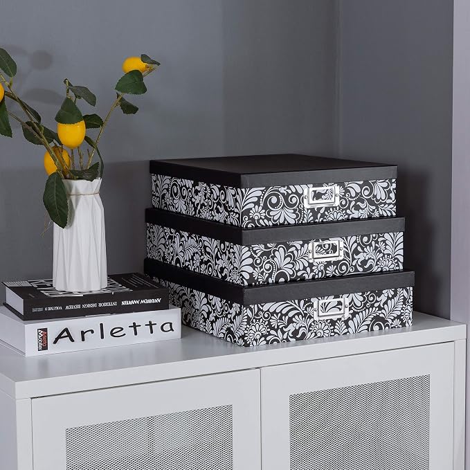 Soul & Lane - Black and White Floral Storage Boxes with Lids, Set of 3 | Decorative Cardboard Paper Box Set for Documents, Photos, Memories and Keepsakes, Large Pretty Nesting Letter Organizers