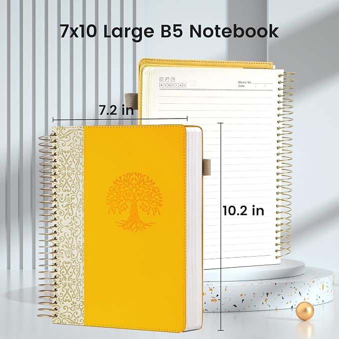Spiral Notebook Leather Journal for Women, 300 Pages, 7X10,Yellow | Large Notebooks for School Office, Note Taking Notebooks for Writing Lined Notebook with Tabs Pockets Pen Holder