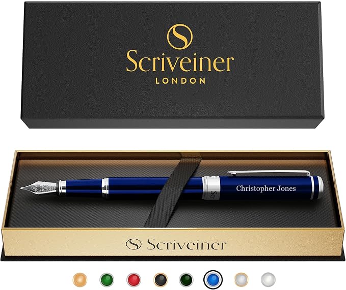Scriveiner Personalized Midnight Blue Fountain Pen - Stunning Blue Lacquer Luxury Pen, Chrome Finish, German Schmidt Nib (Medium), Best Engraved Pen Gift Set for Men & Women, Name Engraving