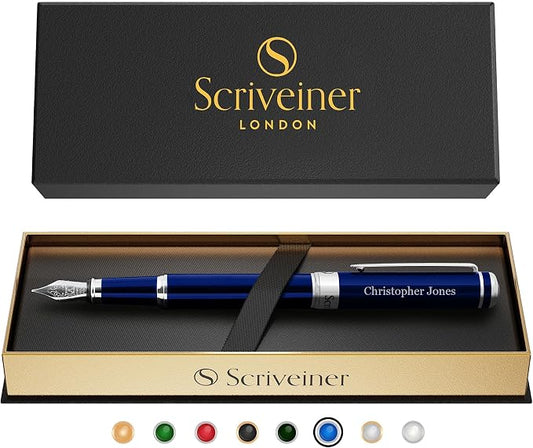 Scriveiner Personalized Midnight Blue Fountain Pen - Stunning Blue Lacquer Luxury Pen, Chrome Finish, German Schmidt Nib (Medium), Best Engraved Pen Gift Set for Men & Women, Name Engraving