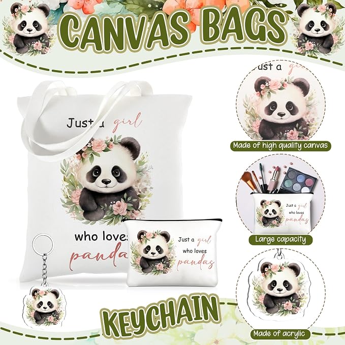 Kinlop 5 Pcs Panda Gifts for Women Include Just a Girl Who Loves Pandas Tote Bag Canvas Cosmetic Bag Coil Notebook Keychain and Ballpoint Pen for Women Girls