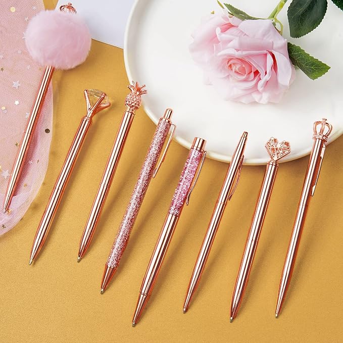 WEMATE 8Pcs Rose Gold Pens Crystal Diamond Pens with Black & Blue Ink | Fancy Pens for Journaling, Office & Gift Supplies for Women Girls, Birthday and Back to School