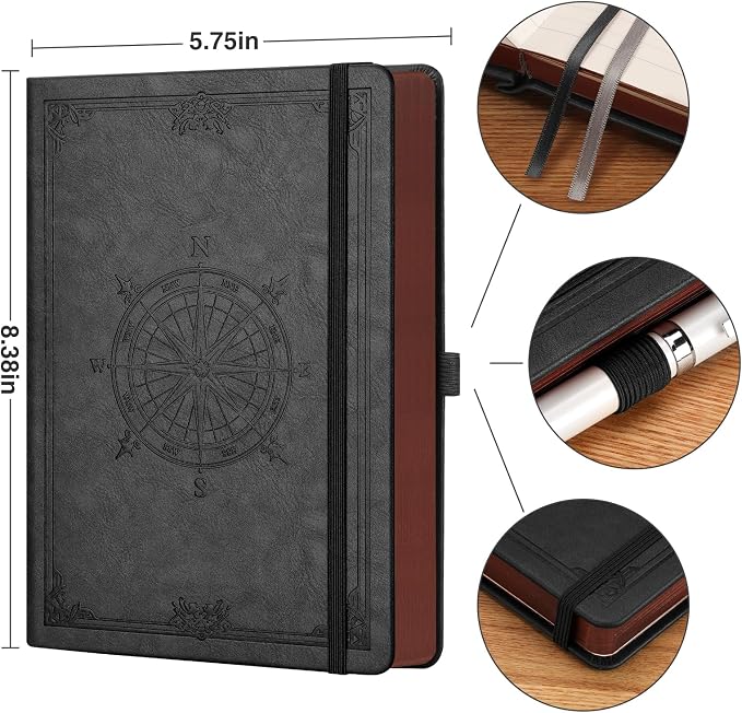 AHGXG Thick Dotted Notebook, 320 Numbered Pages, A5 (5.75'' X 8.38'') | Journal for Writing, 100gsm Dot Paper, Vintage Leather Hardcover, for Women Work Office School (Black)
