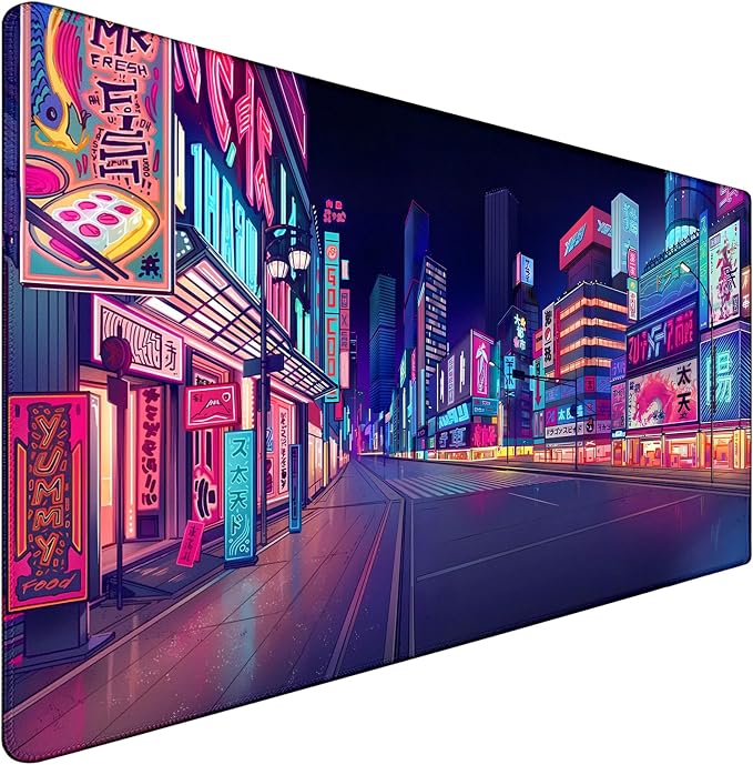 Japanese City Big Desk Mat Large Office Desk Pad, Durable Extended Mouse Mat, 31.5"x15.7" Computer Mousepad with Non-Slip Rubber Base & Stitched Edge for Home Office Gaming Work