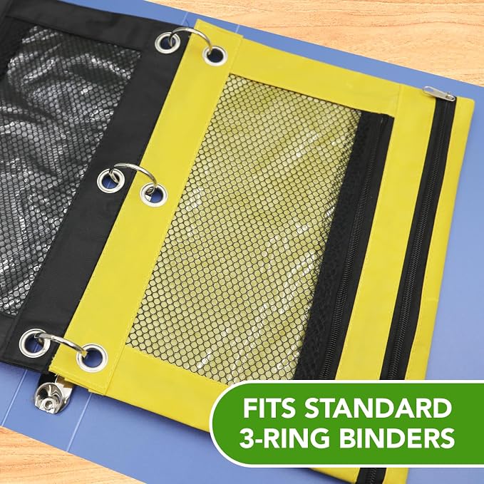 Pencil Pouch for 3 Ring Binder, Heavy Duty Canvas Dual Zipper Pen Bag with Clear Window, Smooth Metal Zipper, Fit Standard 3-Ring Binders for School Office Travel Supplies (Yellow)