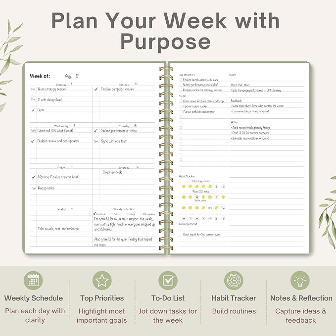 Undated Weekly Planner, 8.5" x 11", Dashboard Layout, Green | Dateless, Top Priorities, To Do List, Habit Tracker, Weekly Notes Space, Weekly Reflection, For Work, School & Life