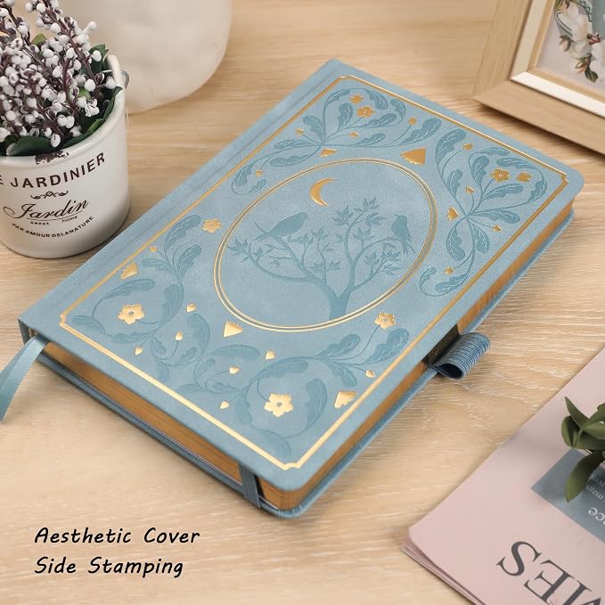 TIEFOSSI Line Journal Notebook, A5 Hardcover Rule Journal for Women Men | 100gsm 316 Numbered Pages Diary, Aesthetic Leather Bird Pattern for Journaling Organization,Planning, Tracking & Sketching