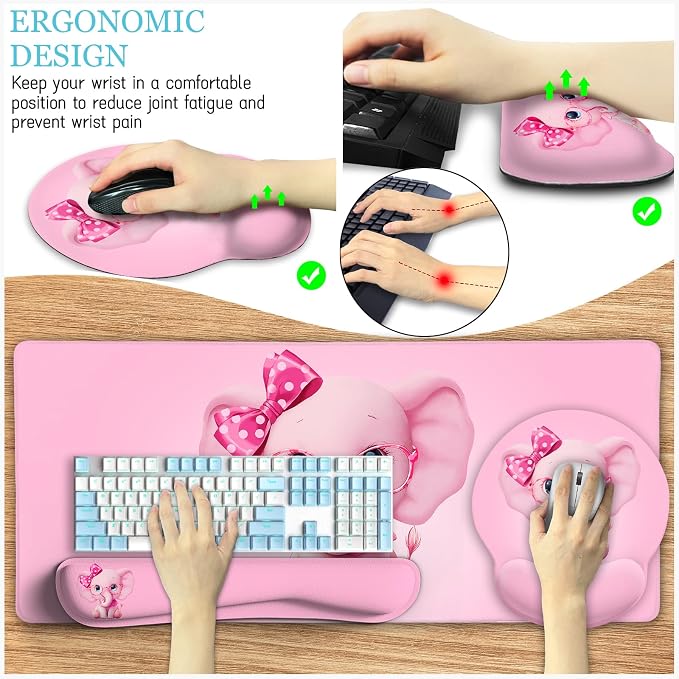 LIMKRIAN Elephant Mouse Pad Large Desk Mat Set, Kawaii Pink Desk Decor | Ergonomic Mouse Pad Wrist Rest, XXL Computer Mat Keyboard Wrist Support, Coaster, Elephant Office Supplies Desk Accessories