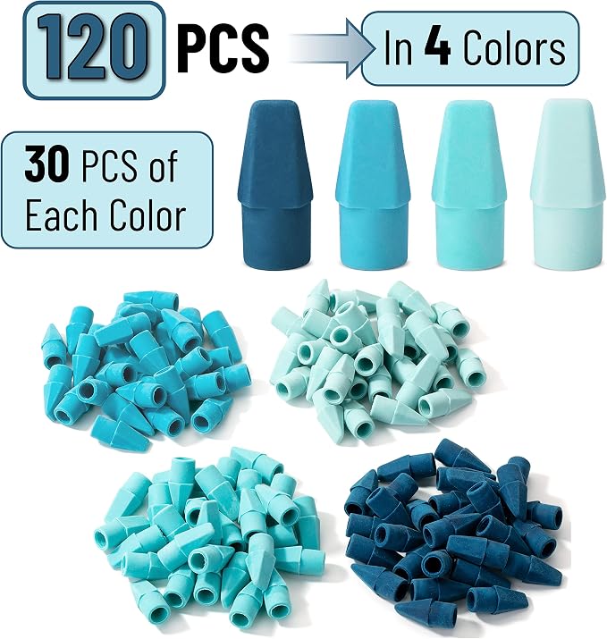Mr. Pen- Pencil Top Erasers, 120 Pack, Blue Shades, Latex-Free | No-Smudge Cap Pencil Erasers for Precise Erasing, Kids, Teachers, Studying Supplies