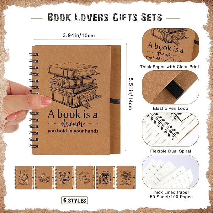 Thenshop 12 Sets Book Lover Gift Librarian Inspirational Spiral Notebook Pen Bulk Book Club Gift Reading Journal Librarian Back to School Gifts for Women Reader Teacher Bookish Bookworm (Brown)