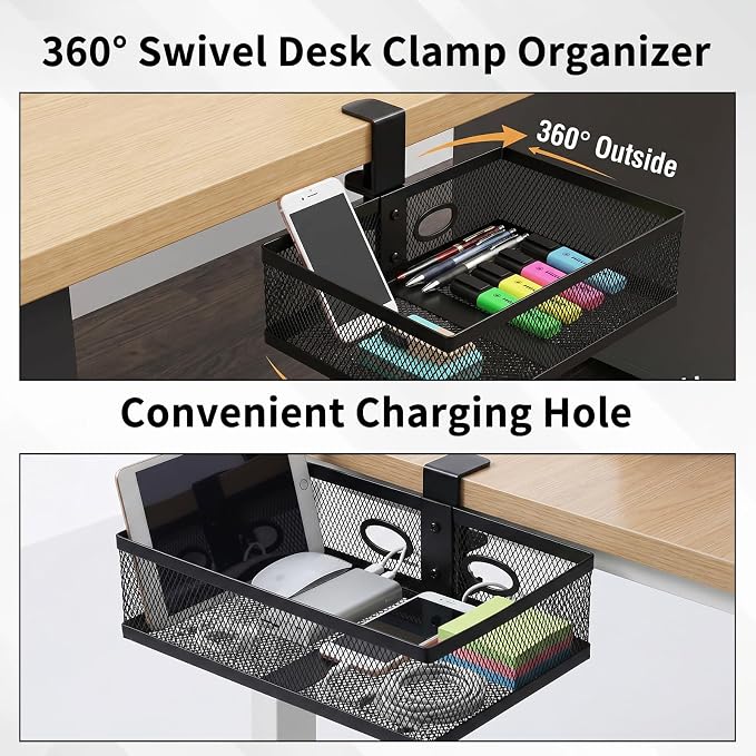 Under Desk Storage Basket, 360 Degree Swivel Clamp On Mesh Desk Organizer No Drill Installation Hidden Storage Drawer Mount Tray for Office Home Art Supplies, Black