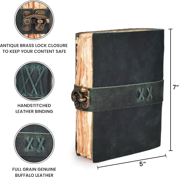 LEATHER VILLAGE Leather Bound Vintage Journal for Women & Men - Book of Shadows - Lock Closure - 200 Pages of Antique Deckle Edges Handmade Watercolor Paper - Turquoise - 7X5 inches