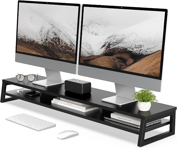 Fenge Dual Monitor Riser for Desk, Open Shelf with 3 Storage Compartments | 42.5in Computer Monitor Stand, 2-Tier Desk Shelf for Top of Desk,One-Piece Panel, fit Ultrawide Monitor, PC, Laptop, Black