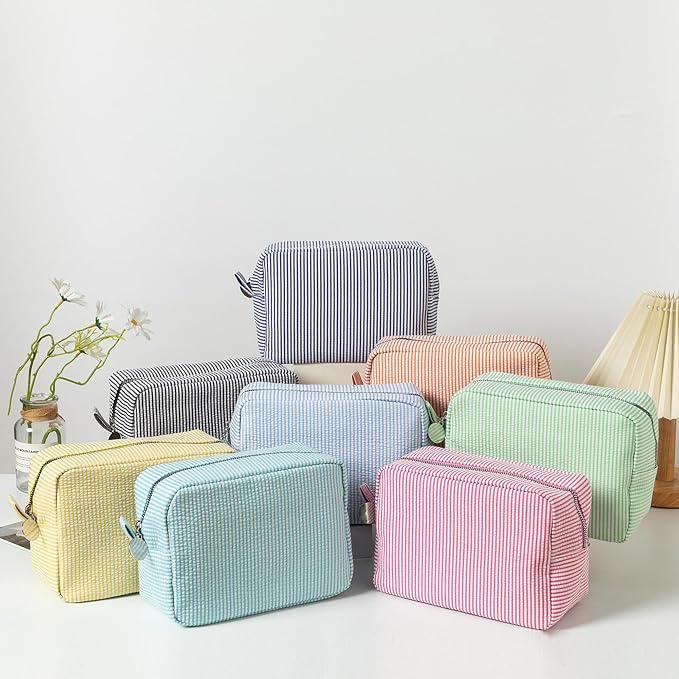 Large Capacity Striped Pencil Case Cosmetic Bag with Zipper Portable Stationery Organizer Pouch for School Students Teens Travel Toiletry Bag (Lake Blue)