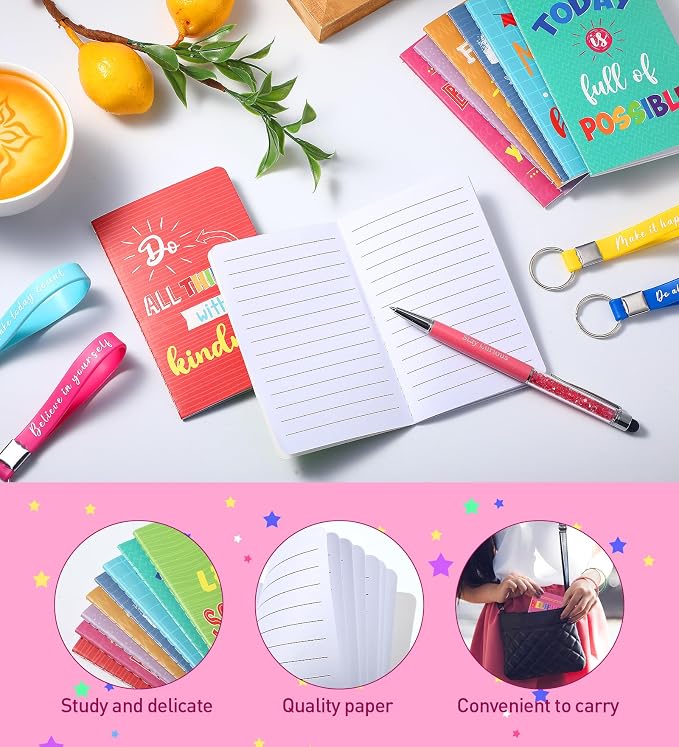 PerKoop 48 Pcs Inspirational Gifts Bulk VBS Notepads 3 x 5 Inch Motivational Ballpoint Pens Keychains Bulk Cute Colorful Journal Notebooks for Office Party Favor Supplies