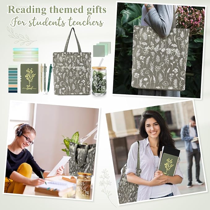 14 Pcs Inspirational Journal Kit for Women Aesthetic A6 Leather Journal Notebook Glass Cup Canvas Tote Bag Motivational Pen Stationery Set for Vbs Sunday School Teacher Back to School(Green)