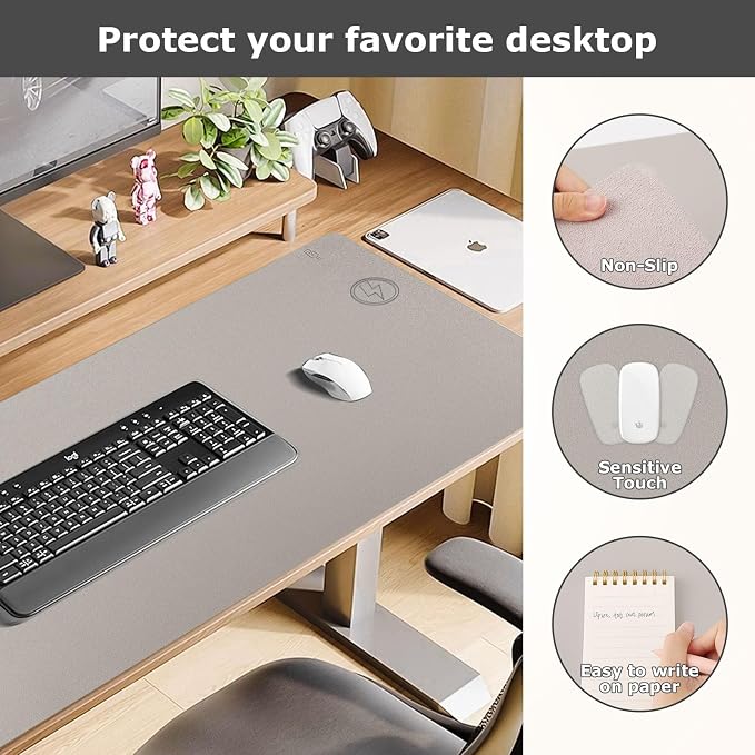 Wireless Charging Mouse Pad Firelison 2 in 1 Leather Multifunctional Office Desk Pad with Non-Slip Rubber Base, Waterproof Desk pad for Computers/Office/Work/Home/Decor（ 32" x 16"Grey - R）