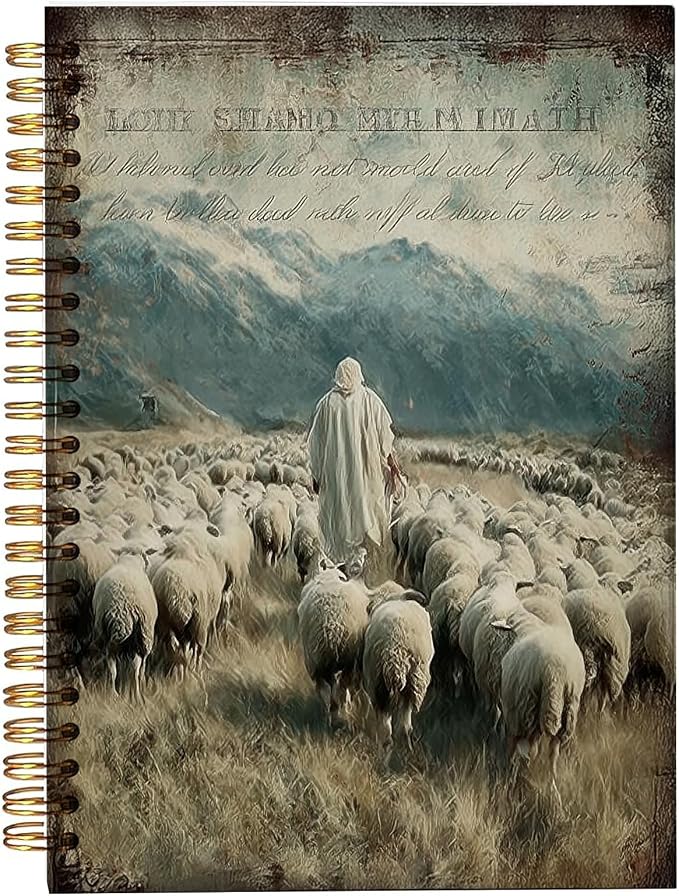bitCNY Spiral Notebook 8.3 x 5.5 Inches, Good Shepherd Christian Art Cover, Biblical Shepherd and Sheep Journal, Lined Notebook for Bible Study Prayer and Notes