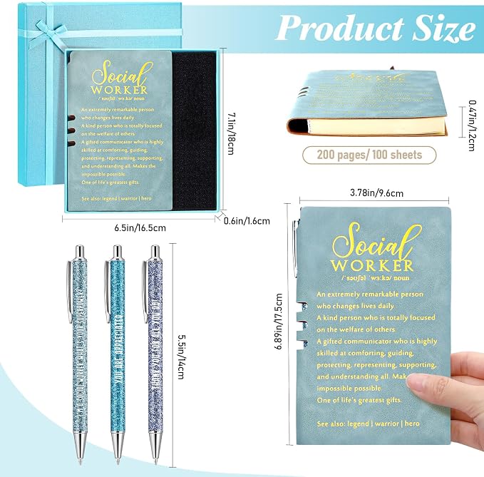 Resurhang 5 Pcs School Social Worker Must Haves Office Supplies Gift Leather Journal Notebook 3 Ballpoint Pens with Box Thank You Social Work Appreciation Gift for Bsw Msw Dsw(Blue)