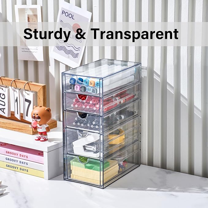 Prsildan Hair Accessories Organizer Acrylic Drawer with 5 Small Drawers | Clear, For Bathroom Vanity Office Desk, Jewelry Makeup Storage
