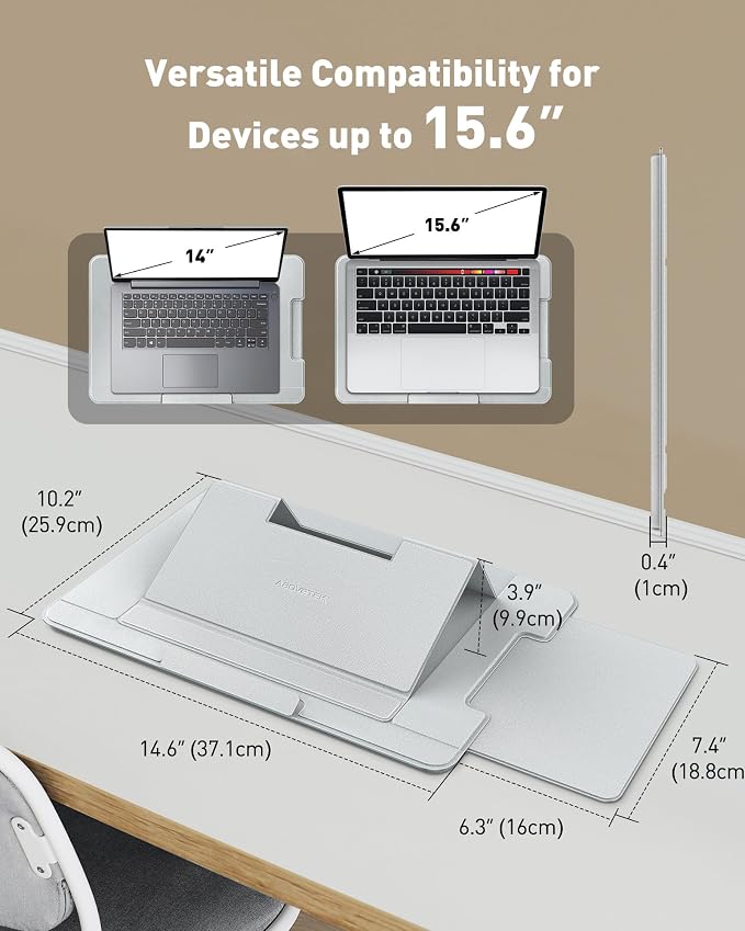 AboveTEK Adjustable Laptop Lap Desk, 3 Ergonomic Angles, PU Leather Non-Slip Surface, Heat Shield, Retractable Mouse Pad, Portable Laptop Lap pad for Bed, Sofa, Travel (Light Gray)