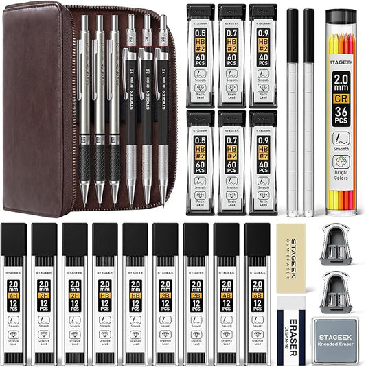 STAGEEK Drawing Pencil Set with Leather Bag 30 Count, Mechanical Pencils 0.5, 0.7, 0.9MM & 3PCS 2MM Sketch Pencils with 464PCS Lead Refills (6B 4B 2B HB 2H 4H Color) for Artist Drafting Drawing